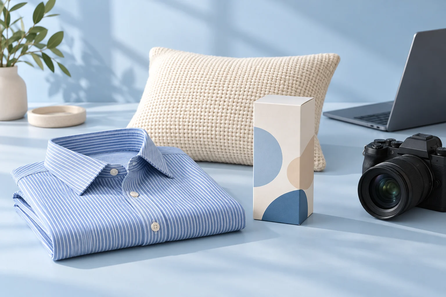 Illustration of a striped shirt, woven cushion, printed carton, and product photography camera