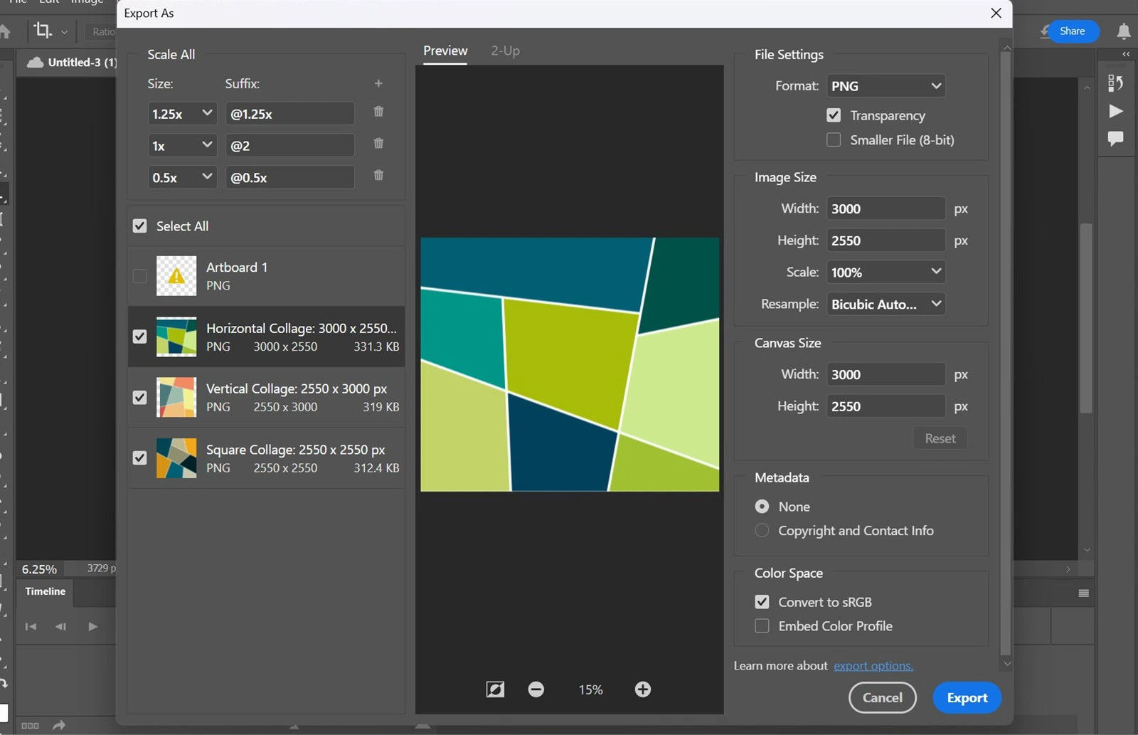 Photoshop Export As dialog showing format, image dimensions, color space and Export controls