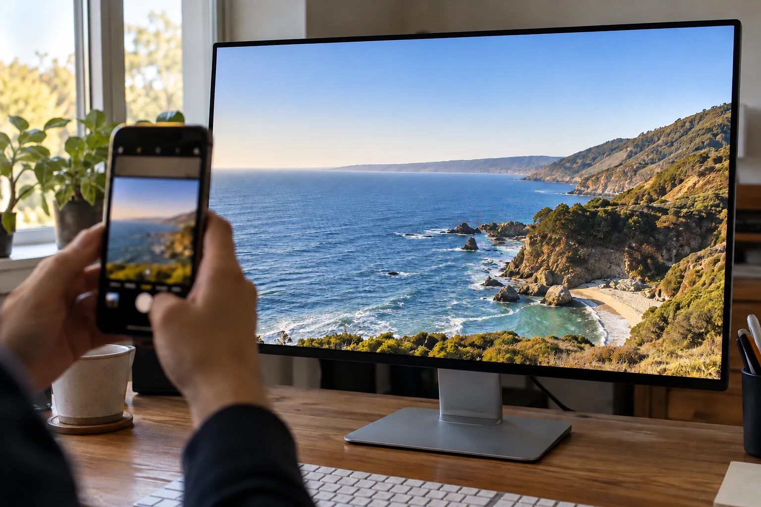 AI-generated cleaned monitor comparison without the large rainbow waves