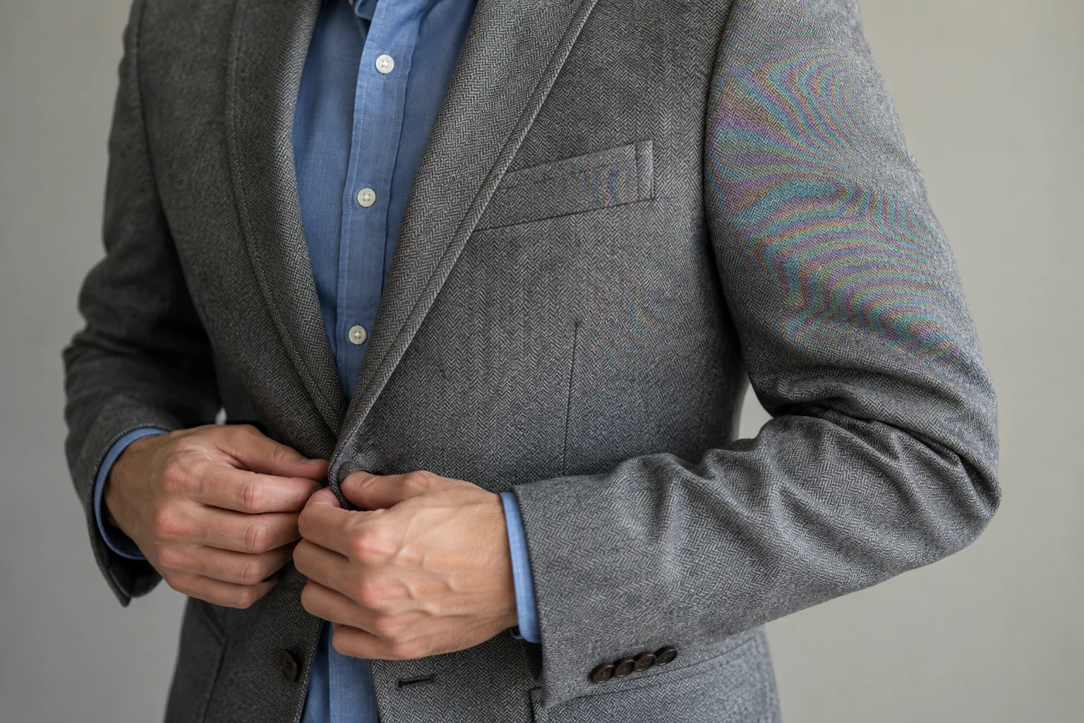Photographic example of false rainbow moire on a herringbone jacket