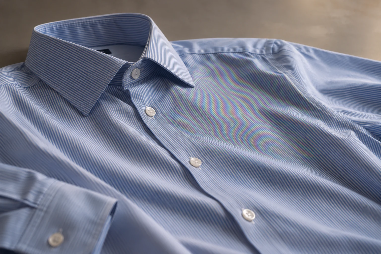 Photographic example of colored moire across a finely striped shirt