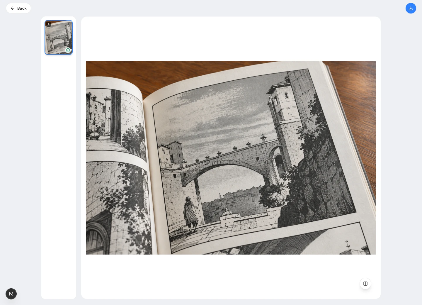 Actual processed manga image in the editor, with the comparison control at the lower right