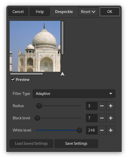 GIMP manual screenshot of the Despeckle filter and preview controls