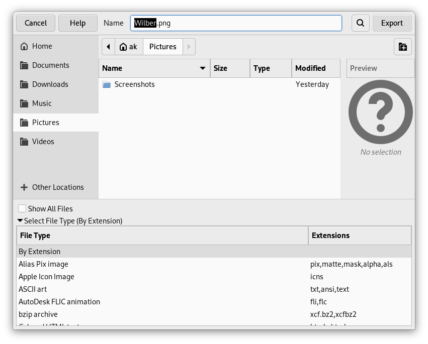 GIMP manual screenshot of the Export Image dialog