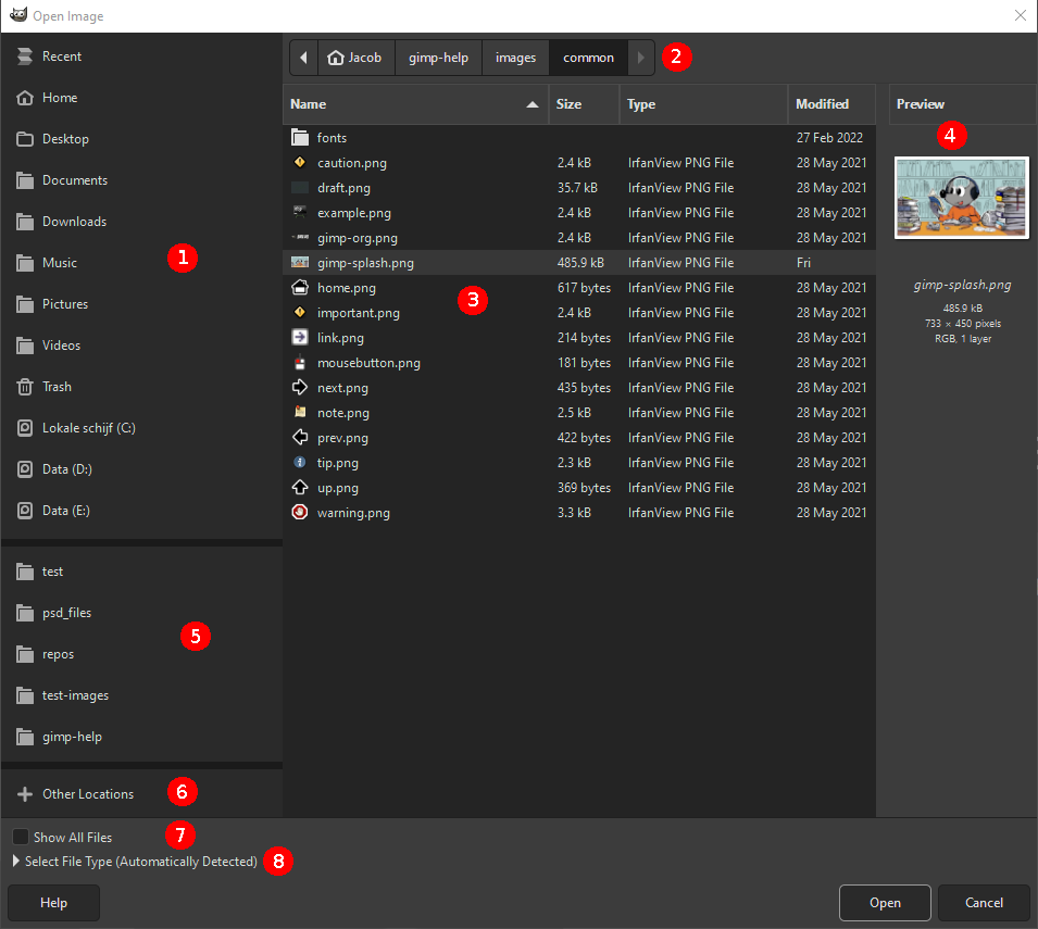 GIMP manual screenshot of the Open Image file dialog