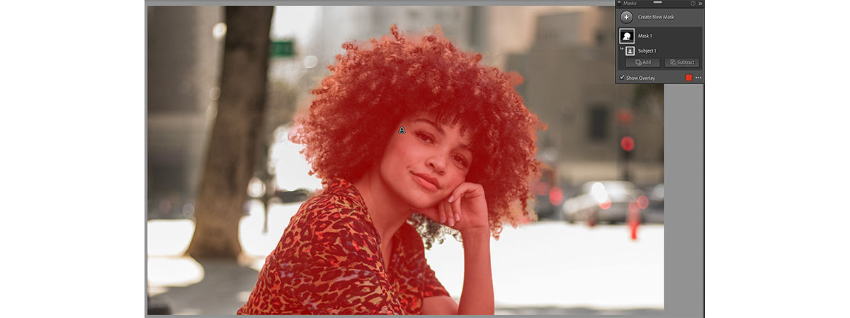 Adobe documentation example showing a subject-selection mask overlay in Lightroom Classic