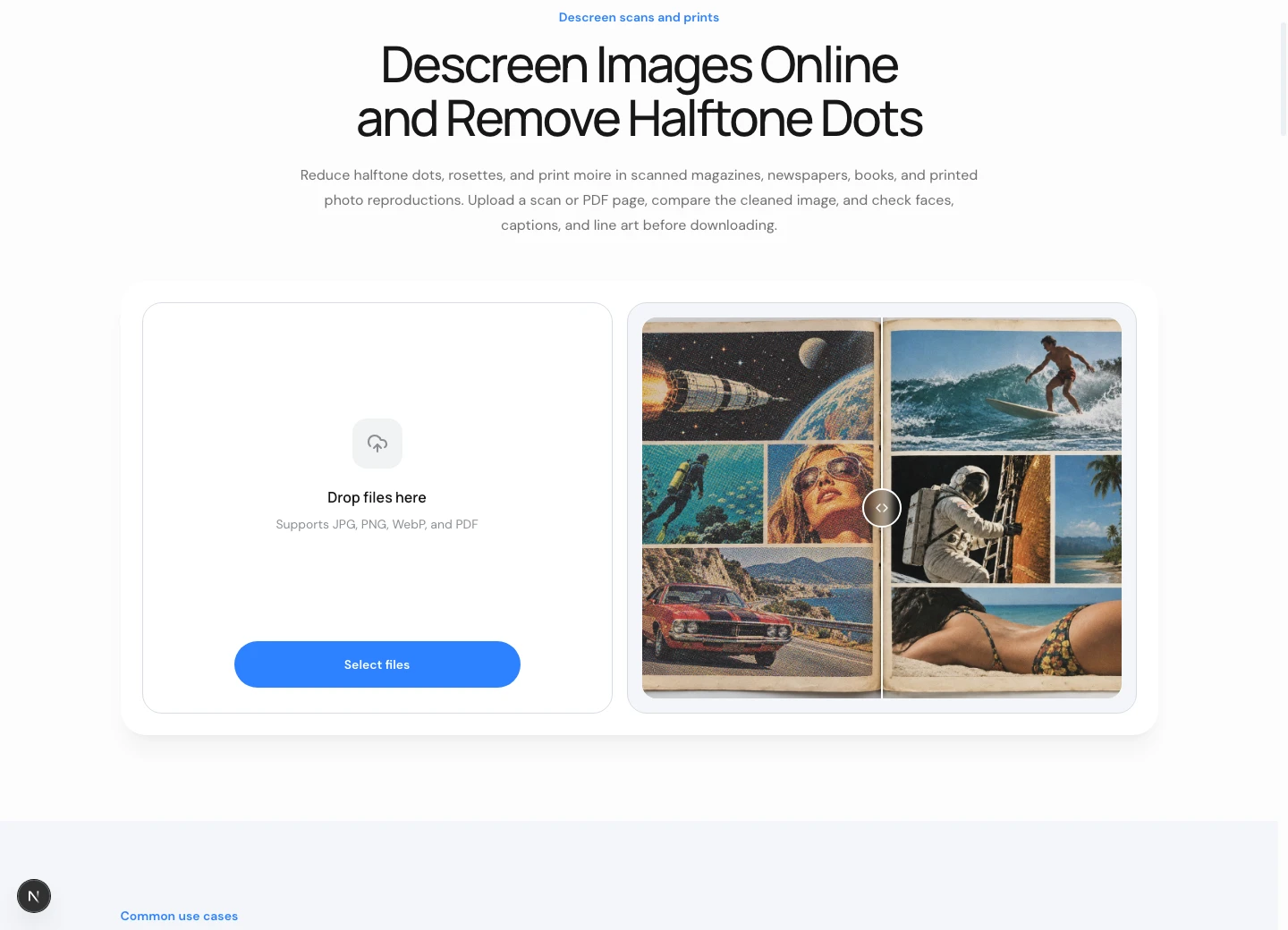 Descreen Image upload page with Select files, used to submit the halftone scan