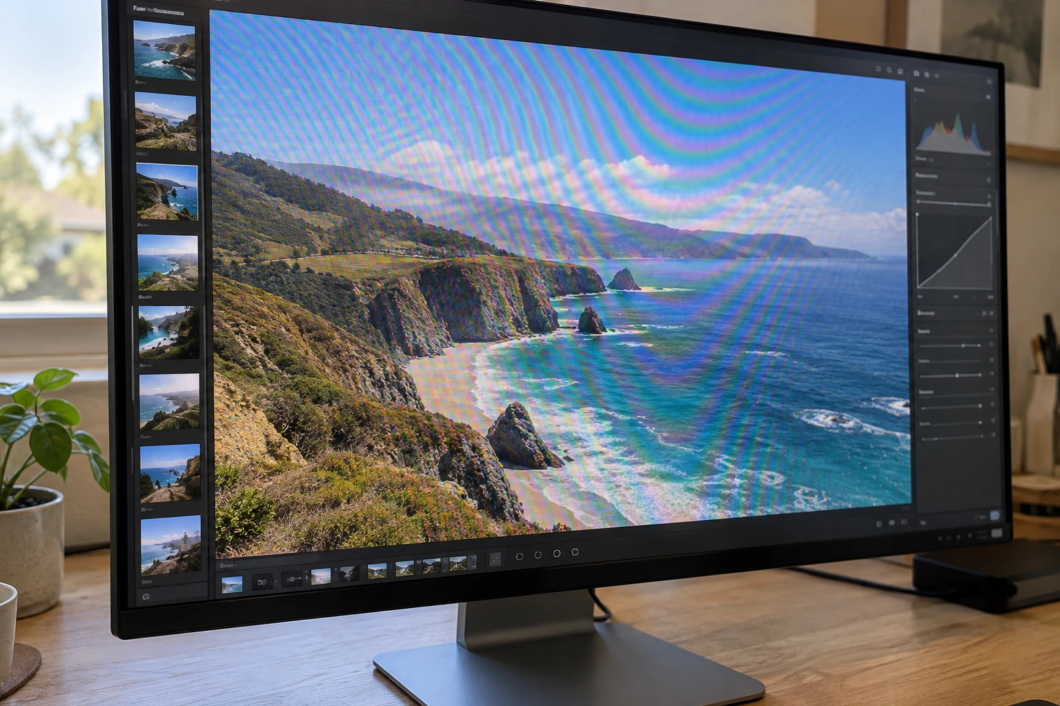 Photo-style example of a monitor with visible rainbow moire across a coastal landscape